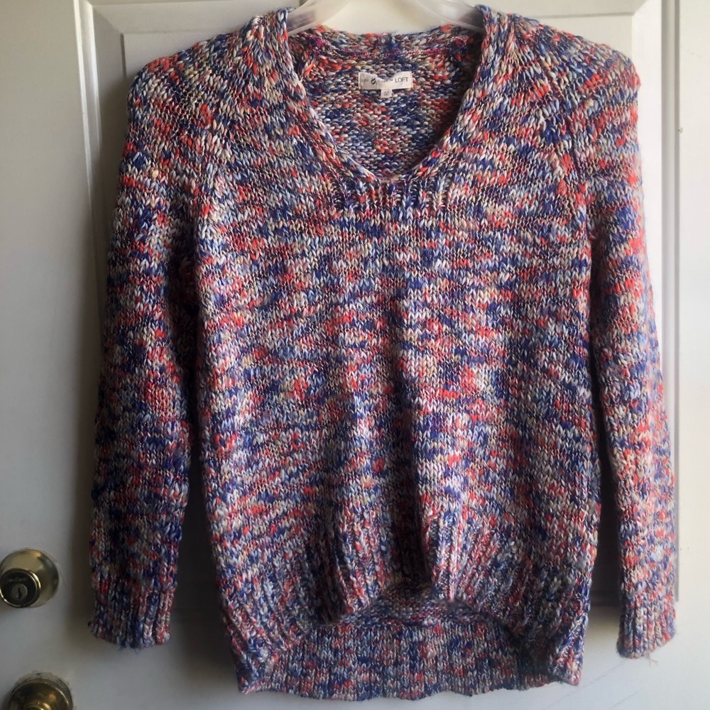 Lou & Grey women’s chunky orange blue colorful wool blend knit sweater size XS